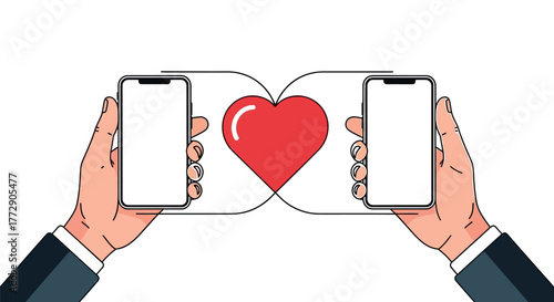 Two hands hold smartphones displaying a red heart symbol, symbolizing online connection and digital romance.