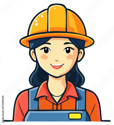 Smiling construction worker woman wearing hard hat and overalls cartoon illustration