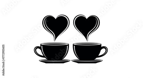 Two black coffee cups with heart shapes rising from them, representing love and romance.