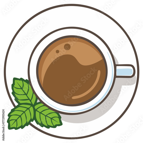 Flat lay vector illustration of coffee cup with mint leaves and saucer