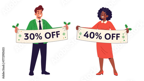 Sales Promotion Duo: A man and woman proudly display discount banners. This vibrant illustration highlights the promotional offers. It's a visual metaphor for deals.