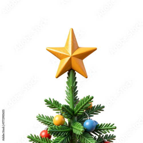 star tree topper, five points, symmetrical shape, metallic finish, radiant glow, perched above tree, festive highlight 3D Icon – Glossy Minimal Emoji Style, Isolated PNG object