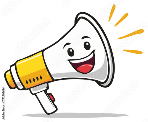 Smiling yellow and white cartoon megaphone with sound waves for announcements and promotional messaging concepts