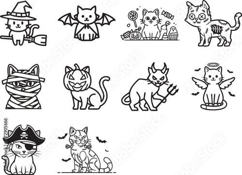 A collection of cute cat characters in Halloween costumes. Outline icon set of funny kittens dressed as a witch, devil, mummy, and pirate for coloring