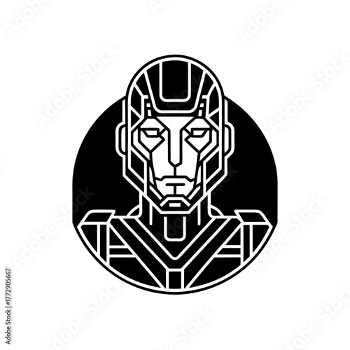 Geometric robot head in circle on transparent background