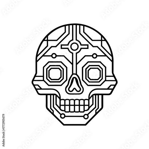 Circuit board styled skull art on transparent background