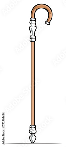 Elegant Walking Stick with Curved Handle and Ornate Silver Accents