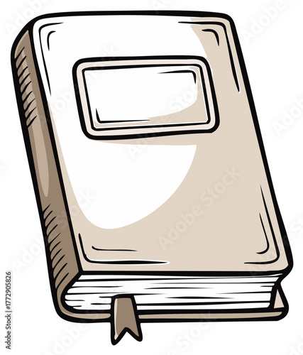 Hand drawn vector illustration of a closed hardcover book with a blank label and bookmark