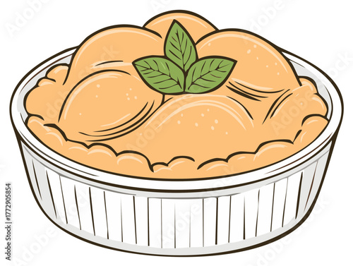 Illustrative orange fruit dessert scoops with green mint leaves in a disposable white cup