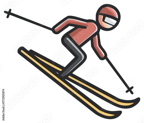 Dynamic vector icon of a skier in a crouched downhill pose with helmet and poles