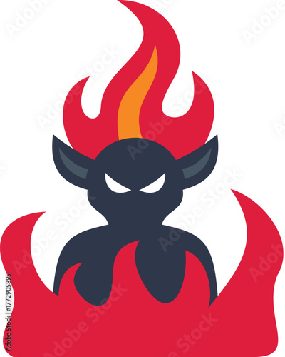 Devil character emerging from red and orange flames, symbolizing evil, temptation, and hell