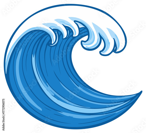 Stylized Blue Ocean Wave Illustration with White Foam Crest Graphic Design
