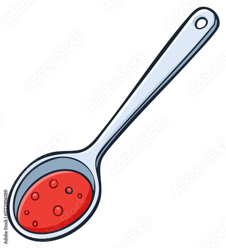 Cartoon Spoonful: Shiny Silver Spoon Holding Red Liquid with Bubbles, Utensil