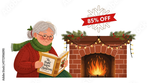 Christmas Reading by the Fireplace: A cozy holiday scene unfolds as a lady reads a festive book in front of a warm fireplace, evoking a sense of joy and seasonal cheer.