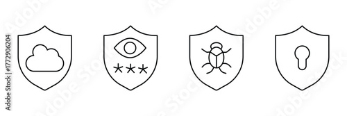 Cloud shield, eye password shield, bug protection, keyhole security icon set, safe access vector illustration, minimal privacy symbol art.