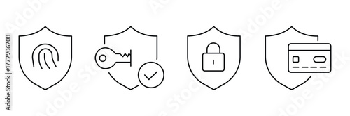 Security shield fingerprint, key access verify, padlock protection, credit card privacy icon set, safety vector illustration, minimal secure symbol.