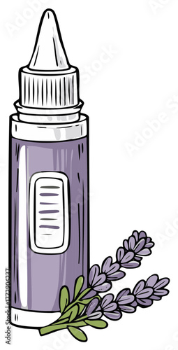 Purple dropper bottle with lavender flowers essential oil illustration