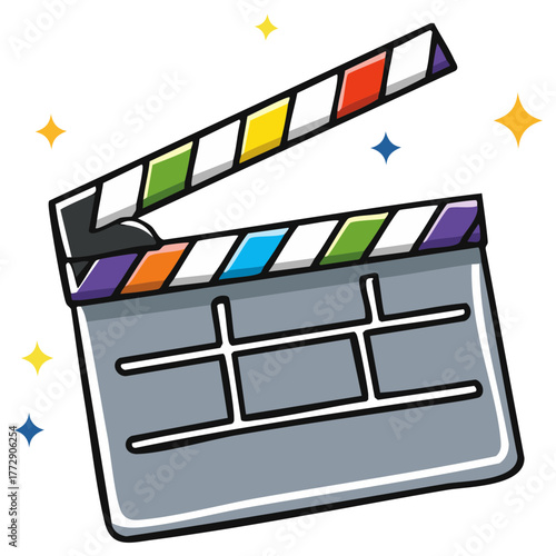 Colorful movie clapperboard with sparkling stars and cartoon style