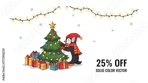 Festive Penguin's Holiday Decor: An illustrated penguin, donning a scarf and hat, enthusiastically decorates a vibrant Christmas tree with twinkling lights and wrapped gifts.