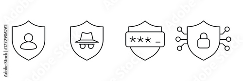 Person shield, incognito hat shield, password shield, lock network shield icon set, privacy security vector illustration, minimal protection symbol.