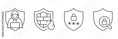 Hacker shield, firewall protection, lock password shield, secure scan shield icon set, cybersecurity vector illustration, minimal digital safety symbol.