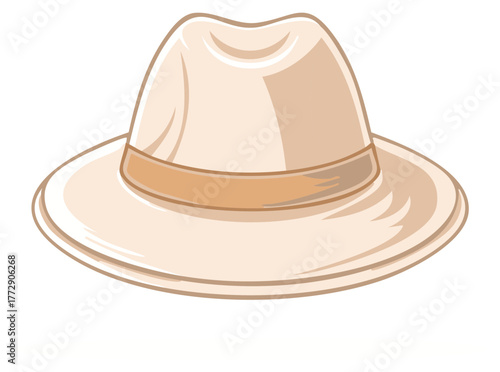 Elegant Beige Panama Hat or Fedora with Brown Band Classic Summer Cartoon Illustration