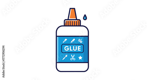 A bottle of glue with a drop about to fall from its tip, symbolizing adhesion and crafting.