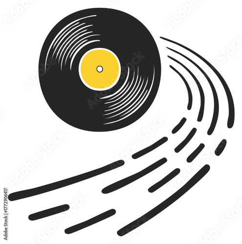 Stylized vinyl record illustration with motion lines showing flow of music or sound