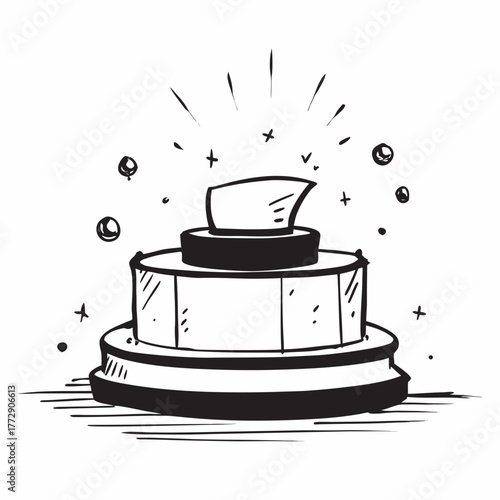 Hand drawn object on pedestal with celebratory elements Keywords: object, pedestal, podium