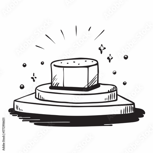 Hand-drawn sketch of a two-tiered podium with sparkles and dots