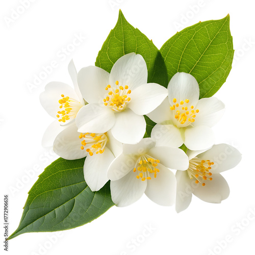 Cluster of white jasmine flowers with green leaves isolated on transparent background