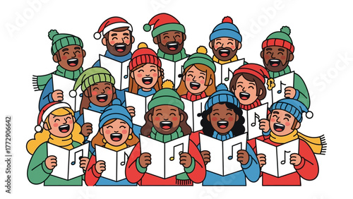 Harmony of Carols: A vibrant illustration depicts a diverse chorus of individuals joyfully singing Christmas carols, creating a warm, festive atmosphere.