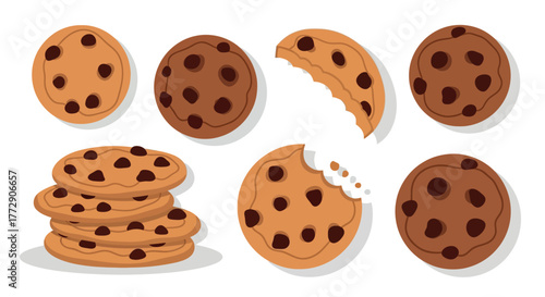 A collection of delicious chocolate chip cookies is arranged against a white background.