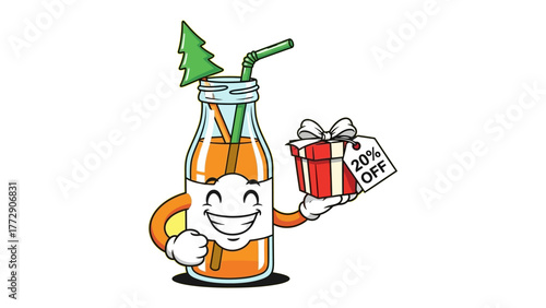 Juice's Festive Deal: A charming juice character extends a cheerful greeting, brandishing a present adorned with a discount tag for 20% off, evoking the season's jovial spirit.