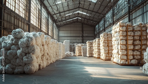Cotton Bales Stacked in a Large Warehouse, Industrial Storage of Raw Materials, Textile Industry, Agricultural Product, Ready for Export and Manufacturing