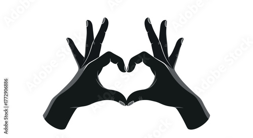 Black gloved hands form a heart shape against a white background, symbolizing love and connection.