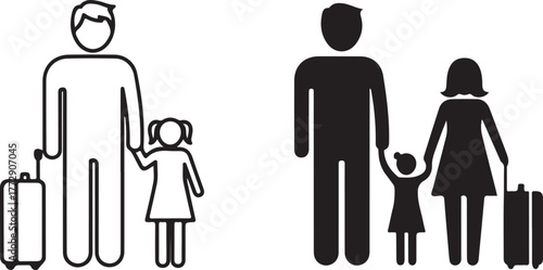 Family silhouette with suitcase ready for travel adventure and vacation getaway