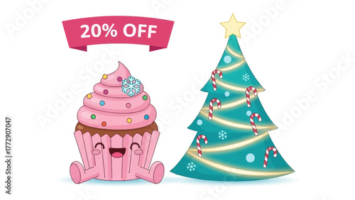 Festive Delight: Adorable cupcake and a Christmas tree share the spotlight, offering a cheerful reminder of holiday discounts. Celebrating the season, tempting with treats and savings.