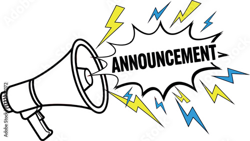 A megaphone blasts out an announcement with lightning bolts and sound waves emanating from the speech bubble.