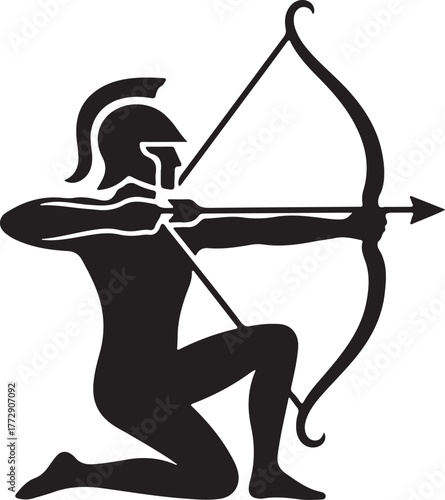 Warrior Archer Silhouette Kneeling Roman Gladiator with Bow and Arrow