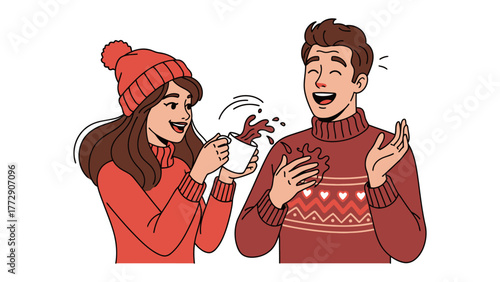 Humorous Warmth: A lighthearted moment captures two individuals laughing in winter. One holding a mug spilling, while other laughing with hands over chest.