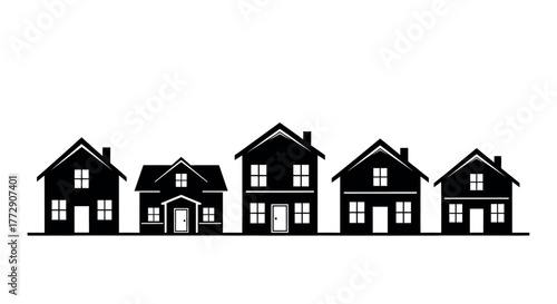 A row of silhouette houses stands against a white background, representing a neighborhood or residential area.