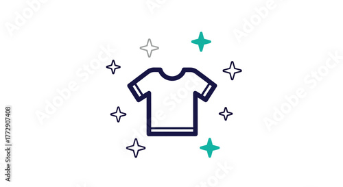 A clean t-shirt icon is surrounded by sparkling stars and teal geometric shapes, symbolizing freshness and cleanliness.