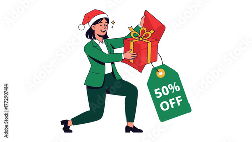 Holiday Gifting: An enthusiastic woman, adorned in a festive hat, unboxes a present, complete with a sale tag of 50% off, embodying the excitement of giving and receiving gifts during the holidays.