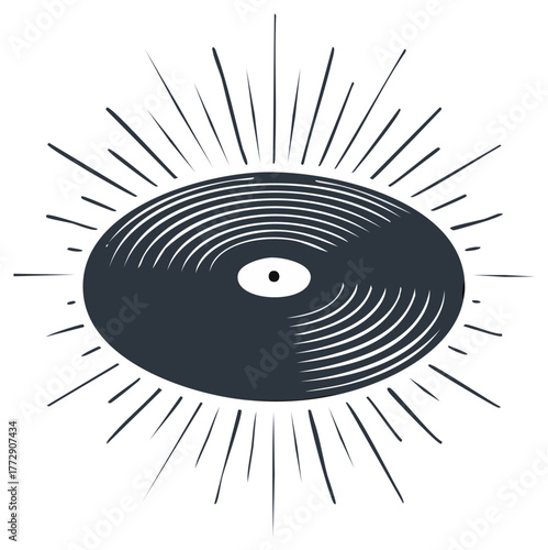 Retro music album vinyl record disc with radiating sunburst lines artistic graphic