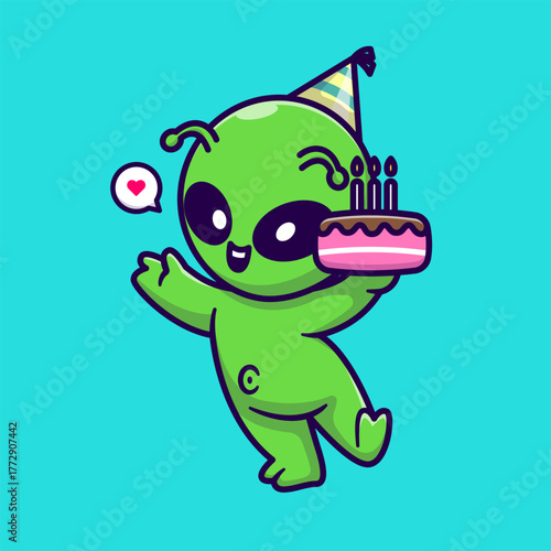 Cute Alien Holding Birthday Cake Cartoon 