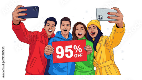 Sale of selfie: a group of young individuals use smartphone in unity to capture selfie to represent sale event to the viewers. it capture happiness and joy.