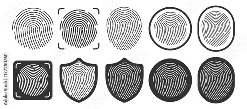 Fingerprint security icons set. Biometric identification and digital access symbols on transparent background