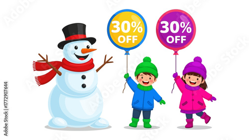 Winter Discount Wonderland: A cheerful snowman and two enthusiastic children present vibrant balloons offering a tempting 30% discount, all set against a pure, bright backdrop.