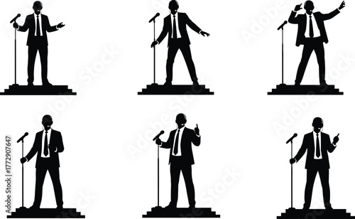 Silhouette man speaking on stage illustration, public speaking, presentation, motivation, leadership, communication, confidence, business seminar, conference event, vector art design
